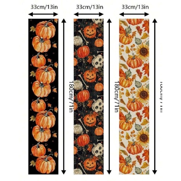 NWT- Vibrant Black w/ Orange Pumpkins & Maple Leaves 🍁- Fall Table Runner 71x13 - Picture 3 of 5